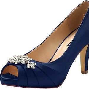 Navy Blue Satin Peep Toe Shoes w/Embroidery